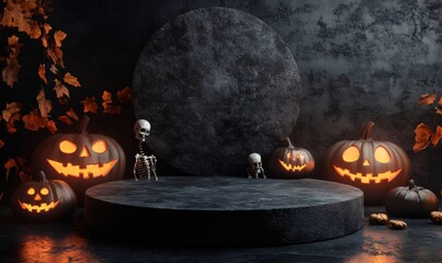 Halloween podium with glowing jack-o-lantern pumpkins, skeletons, and autumn leaves.