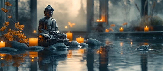 A statue of Buddha is sitting on a rock in front of a body of water