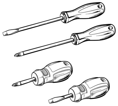 Long and Short screwdrivers. Phillips screwdriver and flat screwdriver. Vector illustration.