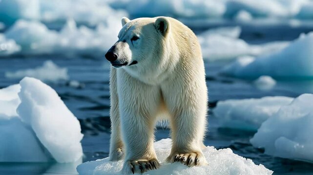 A majestic polar bear stands on an ice floe in the Arctic Ocean, embodying wildlife conservation and global warming awareness, perfect for Earth Day campaigns