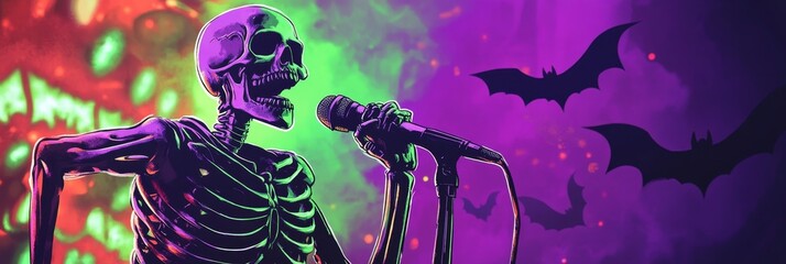 Join the spooky fun at Karaoke Night with a skeleton singing under glowing lights
