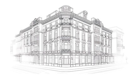 Detailed line art of a historic building on a white background 32k, full ultra hd, high resolution