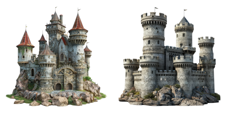 Medieval castle isolated on transparent background, set of - Powered by Adobe