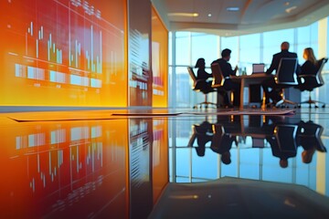 Silhouettes of Businesspeople in a Modern Office with Charts Displayed on Walls