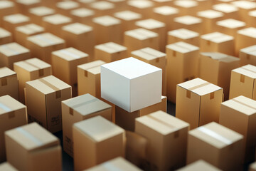 Fototapeta premium A central white box standing out amidst a sea of brown cardboard boxes. The scene is well-lit with soft shadows, highlighting the contrast between the white and the brown.