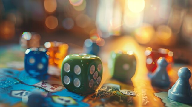 Vibrant board game pieces with colorful dice and figurines against a blurred strategy game map