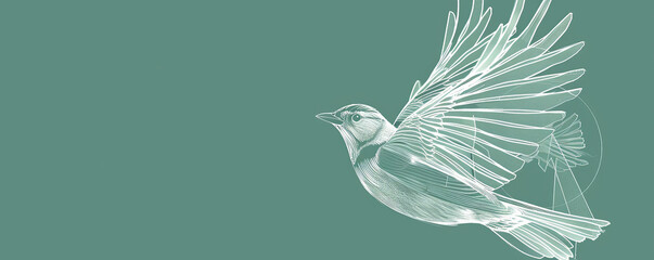 Fototapeta premium A simple white line drawing on a jade green background of a bird in mid-flight. The clean lines capture the grace and freedom of the bird against the natural backdrop.