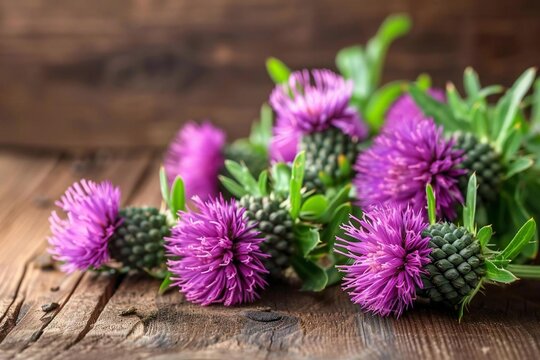 St. Andrew's Day (Scotland). A close-up shot of traditional Scottish thistles against a rustic wooden background, symbolizing St. Andrew's Day.