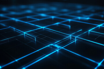 Obraz premium Sleek modern web design backdrop featuring a dark, matte background with glowing, neon blue lines forming an abstract grid. The design is futuristic and dynamic, ideal for tech-related content or
