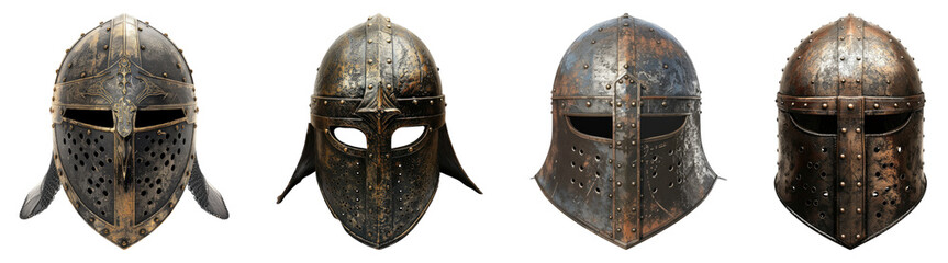 Medieval helmet isolated on transparent background, set of