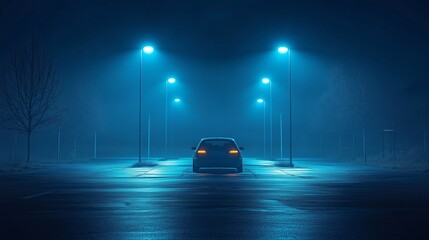 A solitary car parked in a deserted street illuminated by blue streetlights on a foggy night