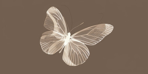 A simple white line drawing of a butterfly in mid-flight, with delicate wings and patterns outlined in minimalist lines. The design highlights the grace and beauty of the insect.