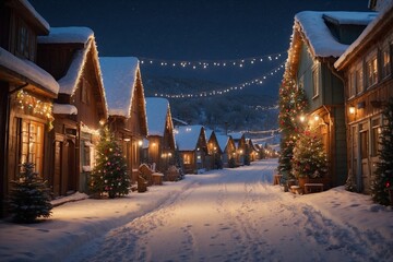 Fototapeta premium Night Village Street Adorned with Cute Colorful Cottages Covered in Christmas Garlands and Snow