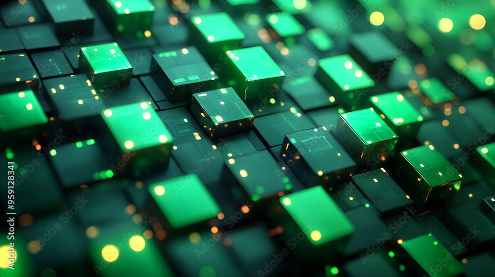 Wall mural abstract green and black digital pattern showcasing illuminated cubes in a captivating design