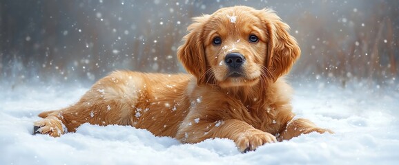 A Golden Retriever puppy lying in the snow with snowflakes falling around it.
