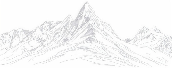 A simple white line drawing of a mountain with peaks and valleys outlined in clean, minimalist lines. The drawing captures the majesty and serenity of the mountains.