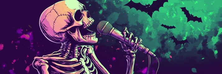 Join the spooky karaoke night with a skeleton performer in vintage horror style this Halloween