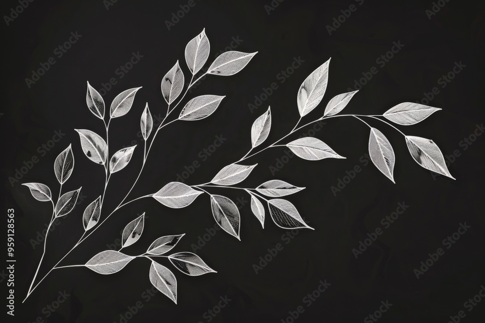 Wall mural a simple white line drawing on a black background of a tree branch with a few leaves. the design emp