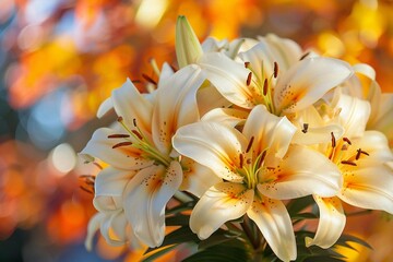 St. Catherine's Day (Canada). A close-up shot of a bouquet of lilies, the traditional flower associated with St. Catherine's Day, against a backdrop of fall foliage