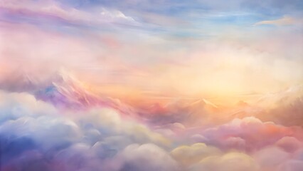 Obraz premium Serene sunrise over pastel clouds and mountains, soft tones