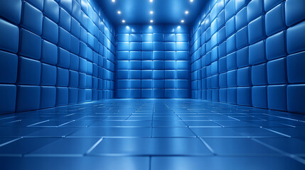 Stylish blue interior with smooth tiled walls and bright overhead lighting creating a modern atmosphere in a spacious room