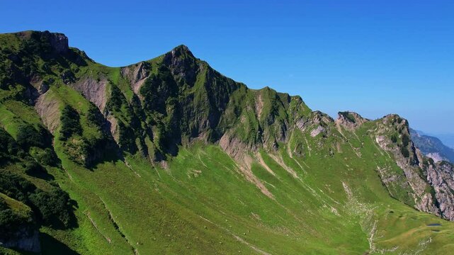 4K Aerial Drone video of the most beautiful mountain lake Schrecksee in Bavarian Alps with the cows feeding on lush green grass on a sunny day with blue skies and rocky hill tops surrounding