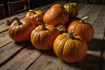 Festive Arrangement of Several Pumpkins Beautifully Displayed on a Wooden Table