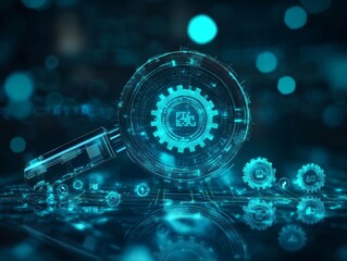 Futuristic gears and magnifying glass with glowing digital elements, symbolizing technology and innovation in a modern setting.