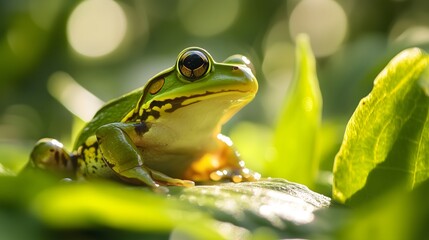 Naklejka premium Green tree frog perched on wet leaf showcasing vibrant wildlife, copy space