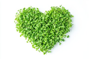 Fototapeta premium Heart-shaped arrangement of fresh microgreens on white background symbolizing health and freshness