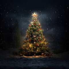 square illustration of a beautiful christmas tree glowing in the night while snowing
