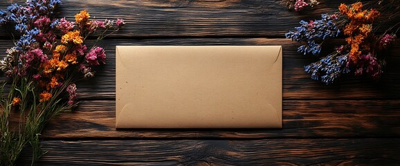 Craft paper envelope on a rustic wooden background with flowers on the sides.