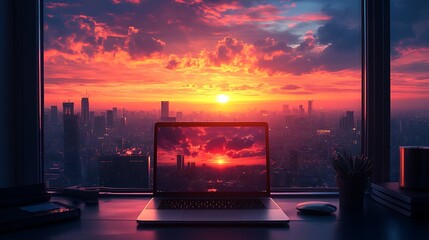 A laptop with a sunset cityscape on the screen sits on a desk in front of a window with the same view.