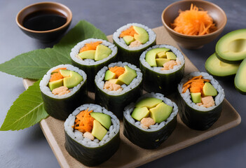 Vegan sushi rolls filled with avocado, cucumber, carrot and served wit soy sauce.