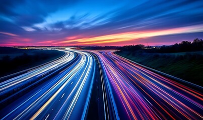 Obraz premium Highway Traffic Light Trails at Sunset