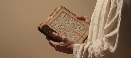 Hands holding an ancient book with arabic script