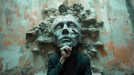 A man in a suit stands in front of a wall with a large, distorted human face sculpture
