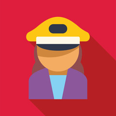 Female ship captain wearing uniform and hat flat design icon with long shadow