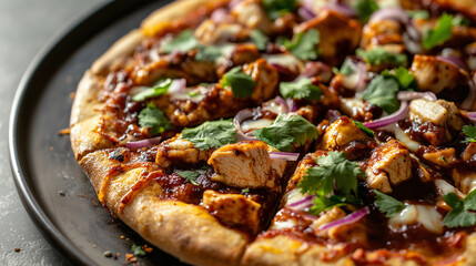 A close-up shot of a BBQ chicken pizza with a crispy crust, topped with tender pieces of chicken, tangy BBQ sauce, sliced red onions, and fresh cilantro leaves scattered on top , c