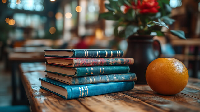 A teacher preparing a lesson plan at their desk, with a stack of textbooks, notebooks, and a bell nearby.