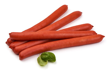 Smoked thin sausages, isolated on white background.