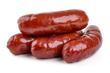 Smoked bratwurst sausages, isolated on white background.