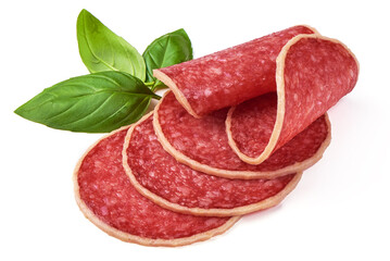 Salami with cheese, salami parmesano, isolated on white background.