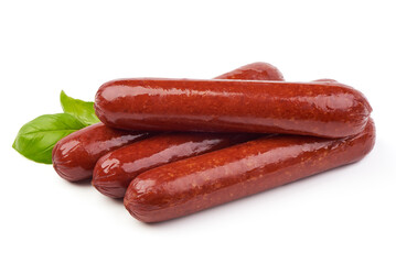 Smoked bratwurst sausages, isolated on white background.