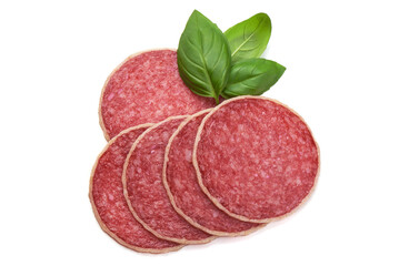 Salami with cheese, salami parmesano, isolated on white background.