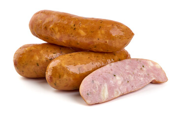Smoked pork sausages, isolated on white background.