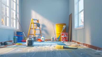 A well organized room prepared for wall renovation with painting supplies and tools for enhancement