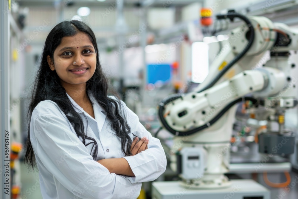 Poster a woman stands next to a robot in a modern factory setting, suitable for use in industry or technolo