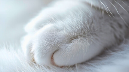 Closeup cute little neat tidy fluffy paw of purebred cat with soft prestigious pedigreed white fur, gentle domestic mammal kitten or kitty pure clean hair, elegant claw of lovely home pet animal
