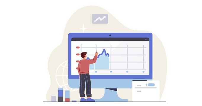 Stock trading concept. Moving banner with man analyzing financial statistics, charts and diagrams on computer screen. Stock market investing and passive income. Cartoon flat animated graphics